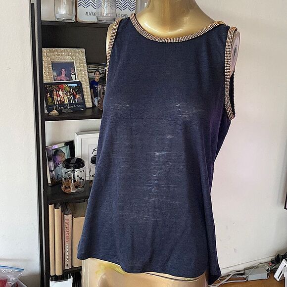 Michael Kors, Black knit tank top, with gold beading around arms and collar. M - Picture 3 of 14